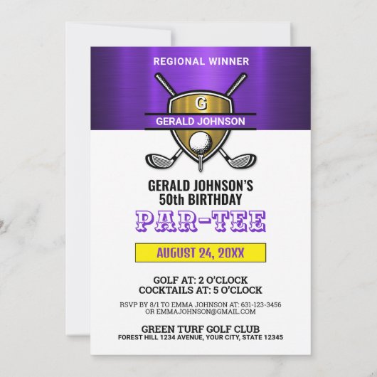 Invitation Conception de monogramme de golf de bouclier d'or (Dos)