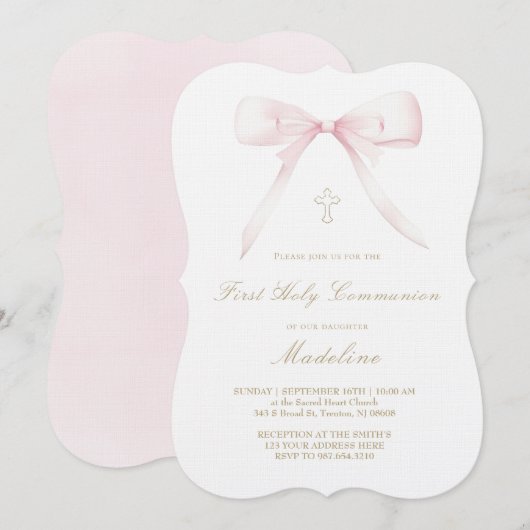 Invitation conception de noeud papillon rose fille de premièr (Devant / Derrière)