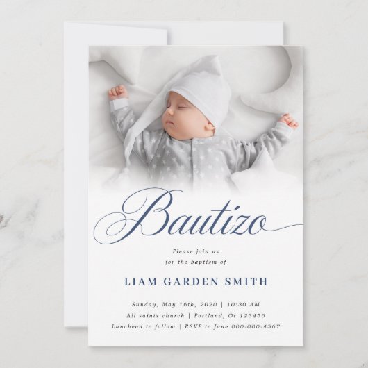Invitation Conception de photo Bautizo de script blanc serein (Devant)