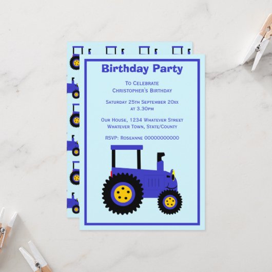 Invitation Conception de tracteur bleu pour anniversaire pers (Devant/Arrière en situation)
