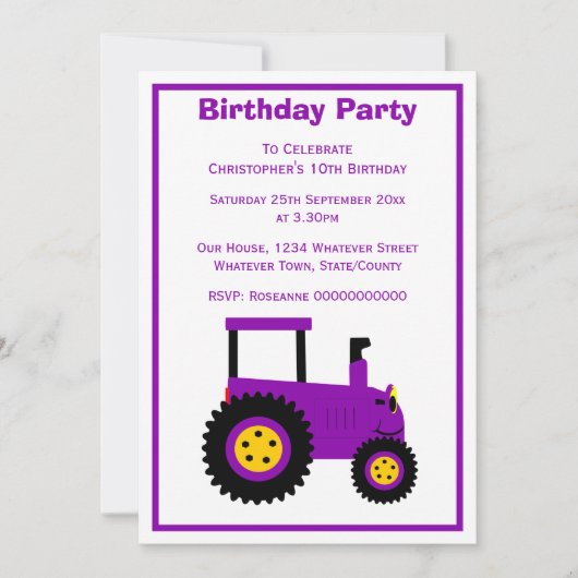 Invitation Conception de tracteur violet pour une fête d'anni (Devant)