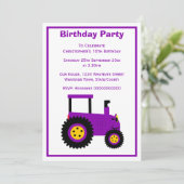 Invitation Conception de tracteur violet pour une fête d'anni (Debout devant)