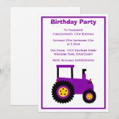 Invitation Conception de tracteur violet pour une fête d'anni (Devant / Derrière)