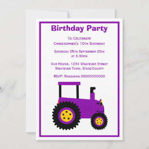 Invitation Conception de tracteur violet pour une fête d'anni