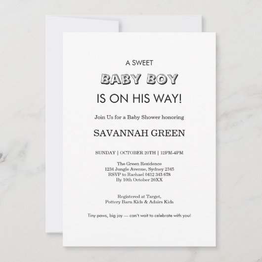 Invitation Conception de typographie pour Baby Shower minimal (Devant)