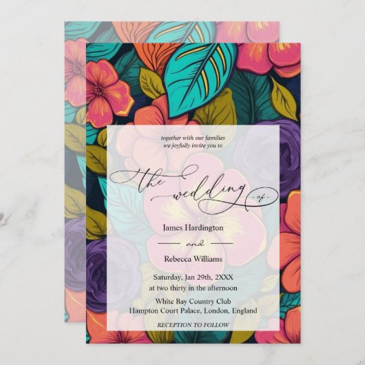 Invitation Conception d'invitation de mariage de Neon Florals (Devant / Derrière)