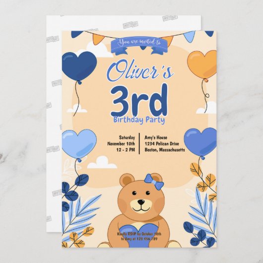 Invitation Conception d'invitation de nounours (Devant / Derrière)