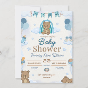 Invitation Conception éditable de Baby Shower Ourson Bleu Mig