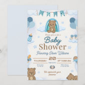 Invitation Conception éditable de Baby Shower Ourson Bleu Mig (Devant / Derrière)