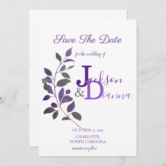Invitation Conception feuille de Mariage violet Enregistrer l (Devant / Derrière)