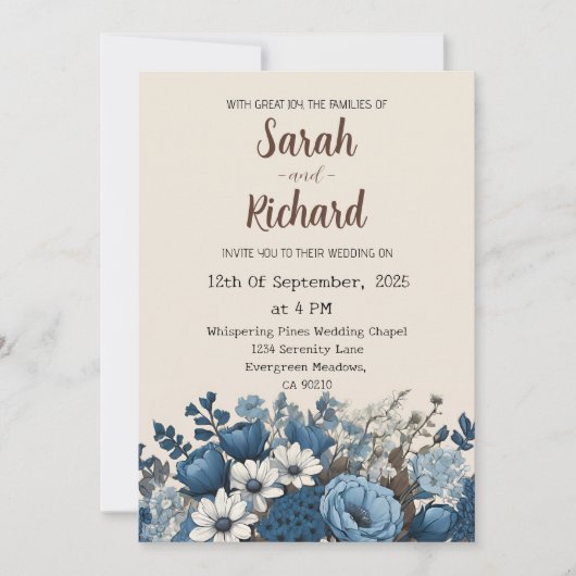 Invitation Conception florale bleue élégante avec fond crème (Devant)