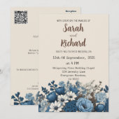 Invitation Conception florale bleue élégante avec fond crème (Devant / Derrière)