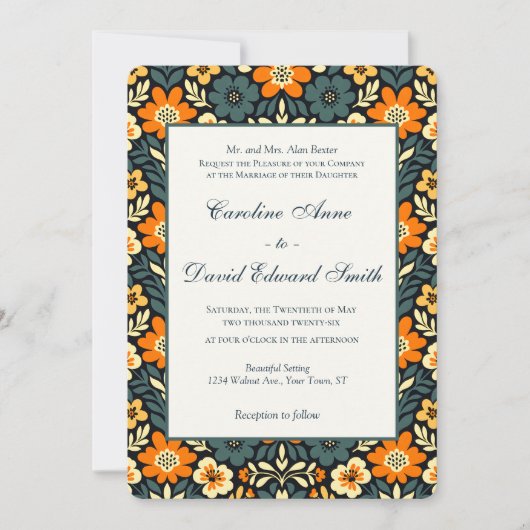 Invitation Conception florale moderne sarcelle et orange (Devant)