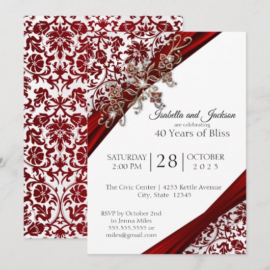 Invitation Conception florale rouge et blanc pour le 40e anni (Devant / Derrière)