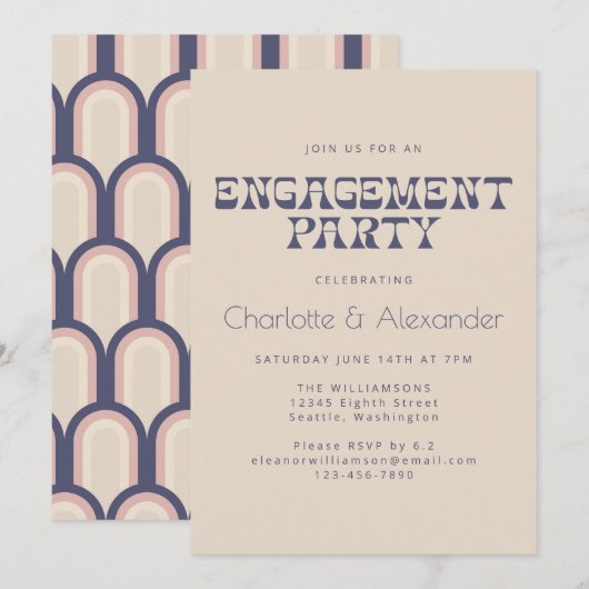 Invitation Conception Groovy Rétro 70s en bleu pour une fête (Devant / Derrière)