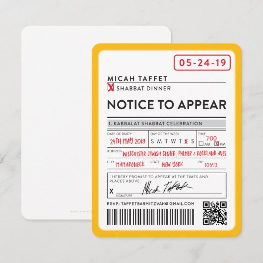 Invitation CONCEPTION PERSONNALISÉE Bar Mitzvah New York Bill (Devant / Derrière)