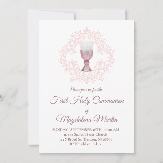 Invitation conception rose fille de première communion (Devant)