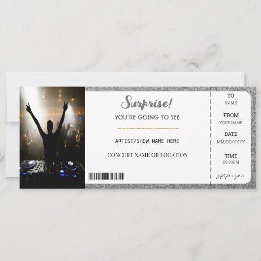 Invitation Concert surprise glamour pailleté argent Billet ca (Devant)