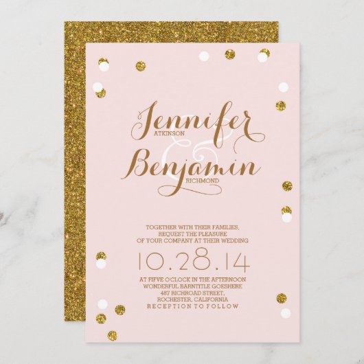 Invitation Concours de mariage moderne rose et or confetti (Devant / Derrière)
