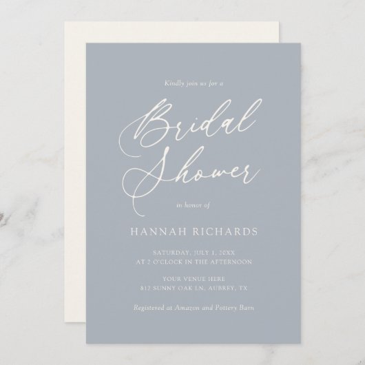 Invitation Concours moderne Dusty Blue Script Bridal Shower I (Devant / Derrière)