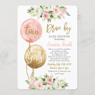 Invitation Conduire par ballons baby shower jumeaux filles