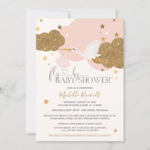Invitation Conduire par "Fly By" Stork Pink Gold Girl Baby sh