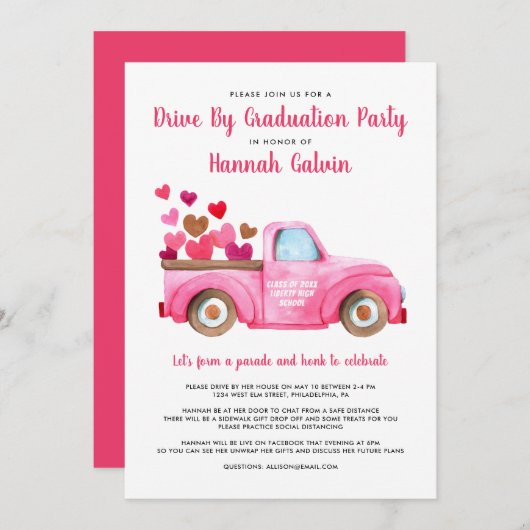 Invitation Conduite De Graduation Par Parade Pink Retro Coeur (Devant / Derrière)