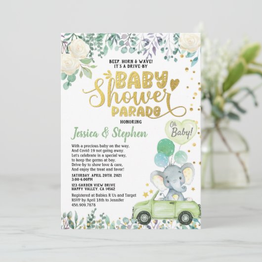 Invitation Conduite Neutre Par Baby shower Parade Green Eleph (Debout devant)