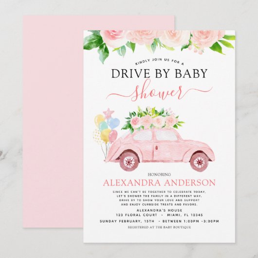 Invitation Conduite Par Baby shower Floral Rose (Devant / Derrière)