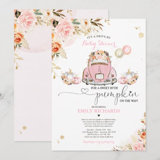 Invitation Conduite par Baby shower Pink Gold Floral Citrouil (Devant / Derrière)