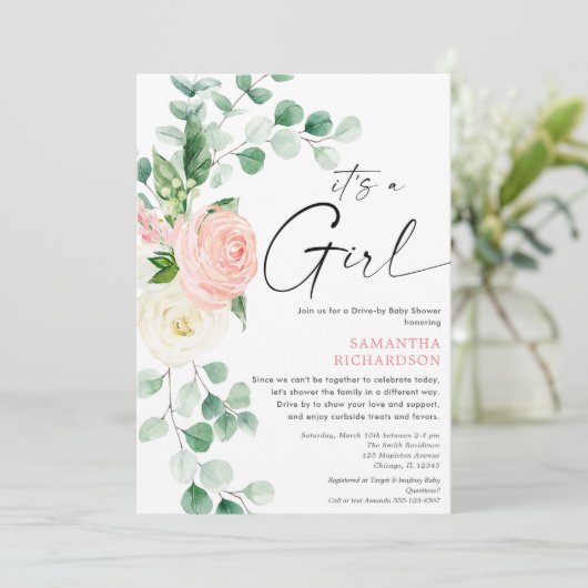 Invitation Conduite par baby shower printemps vert fleuri ros (Debout devant)