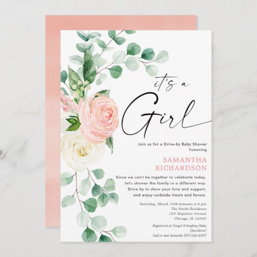 Invitation Conduite par baby shower printemps vert fleuri ros (Devant / Derrière)