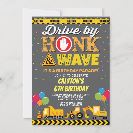 Invitation Conduite Par Boy Birthday Parade Camions De Constr (Devant)
