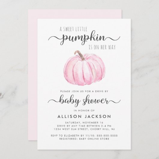 Invitation Conduite Par Citrouille Rose Aquarelle Bébé Fille (Devant / Derrière)