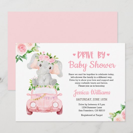 Invitation Conduite Par Elephant Baby shower Girl (Devant / Derrière)
