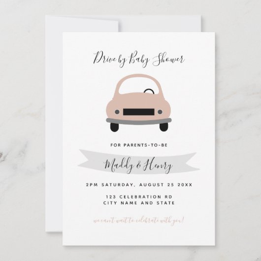 Invitation Conduite par fille baby shower rose gris (Devant)