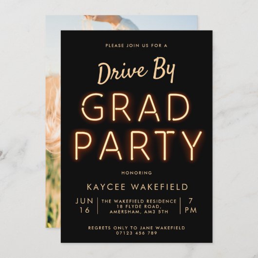 Invitation Conduite par Grad Party Neon Lumières Photo (Devant / Derrière)
