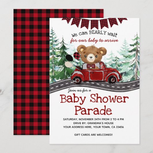 Invitation Conduite Par Lumberjack Bear Baby shower (Devant / Derrière)