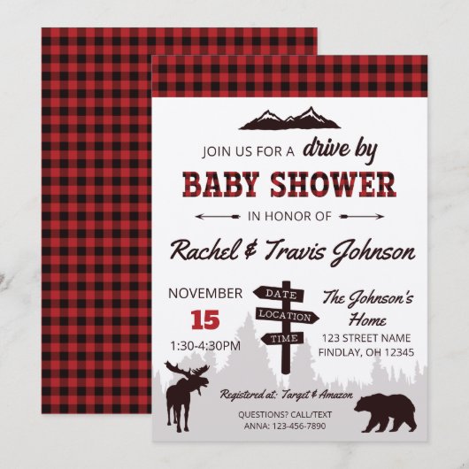 Invitation Conduite Par Red Buffalo Plaid Baby shower (Devant / Derrière)