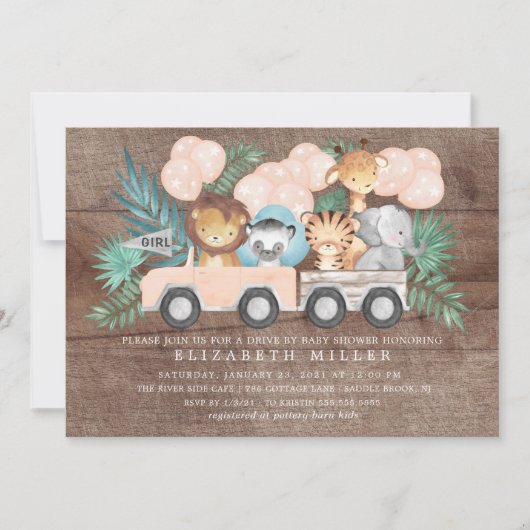 Invitation Conduite Rustique Par Jungle Animaux Filles Baby s (Devant)