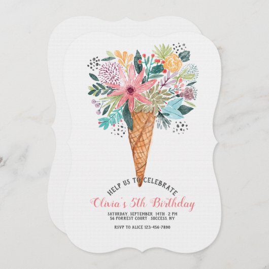 Invitation Cône avec Fleurs (Devant / Derrière)
