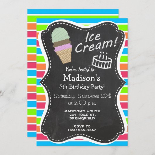 Invitation Cône de crème glacée; Retro Neon Rainbow (Devant / Derrière)