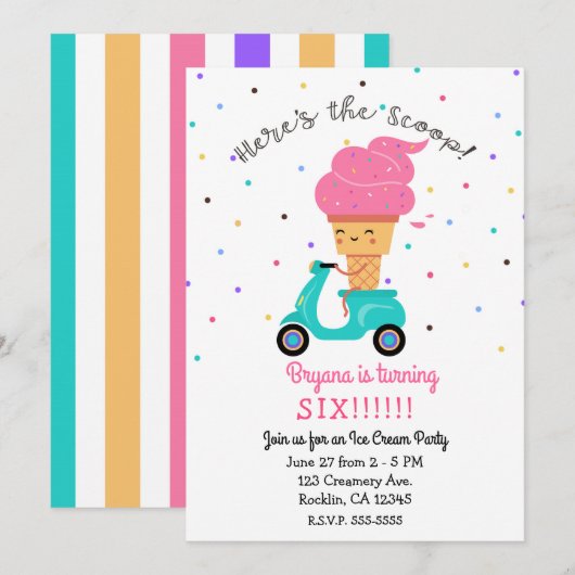 Invitation Cône de fraise mignon, glace d'été pour une fête (Devant / Derrière)