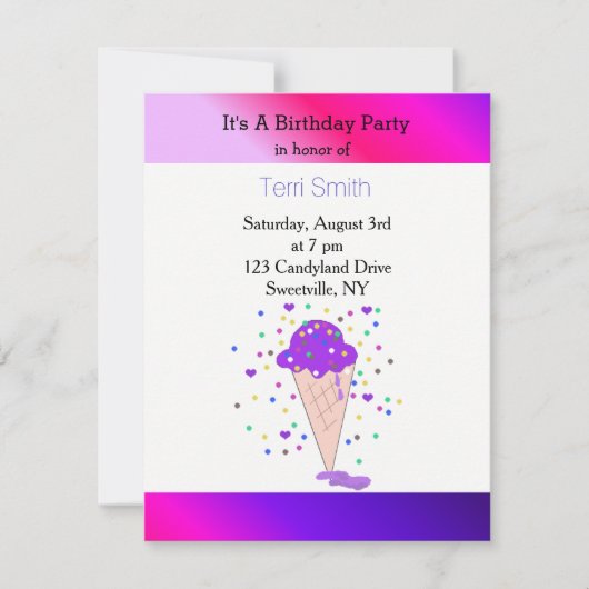 Invitation Cône de glace au confetti violet (Devant)