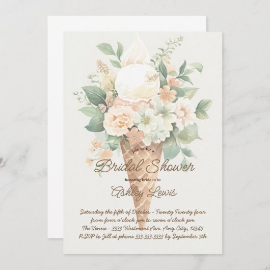 Invitation Cône de glace aux fleurs boho, glace Greenery (Devant / Derrière)
