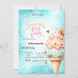 Invitation Cone de glace colorée été fête d'anniversaire