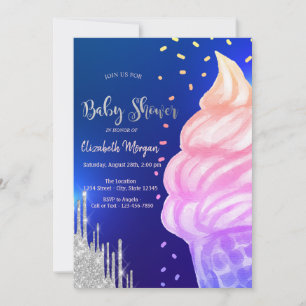 Invitation Cône de glace Confettis Bleu Royal Baby Shower