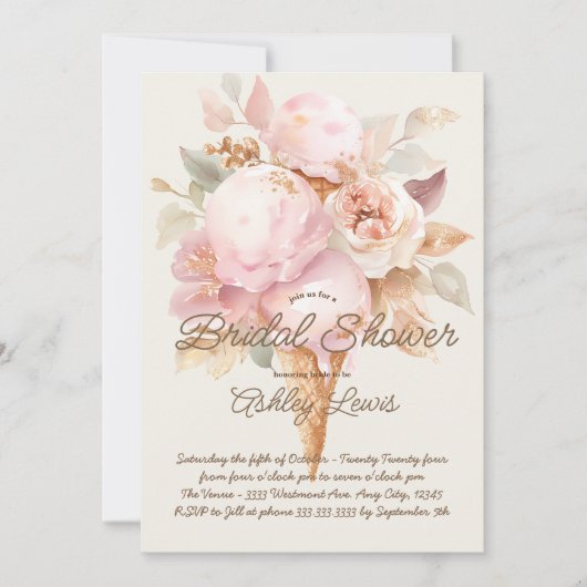 Invitation Cône de glace or floral rose crème glacée (Devant)