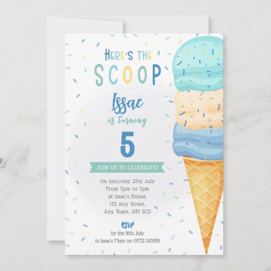 Invitation Cône de Glace pour Garçons - Motif Bleu (Devant)