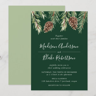 Invitation Cône de pin aquarelle hivernale mariage vert